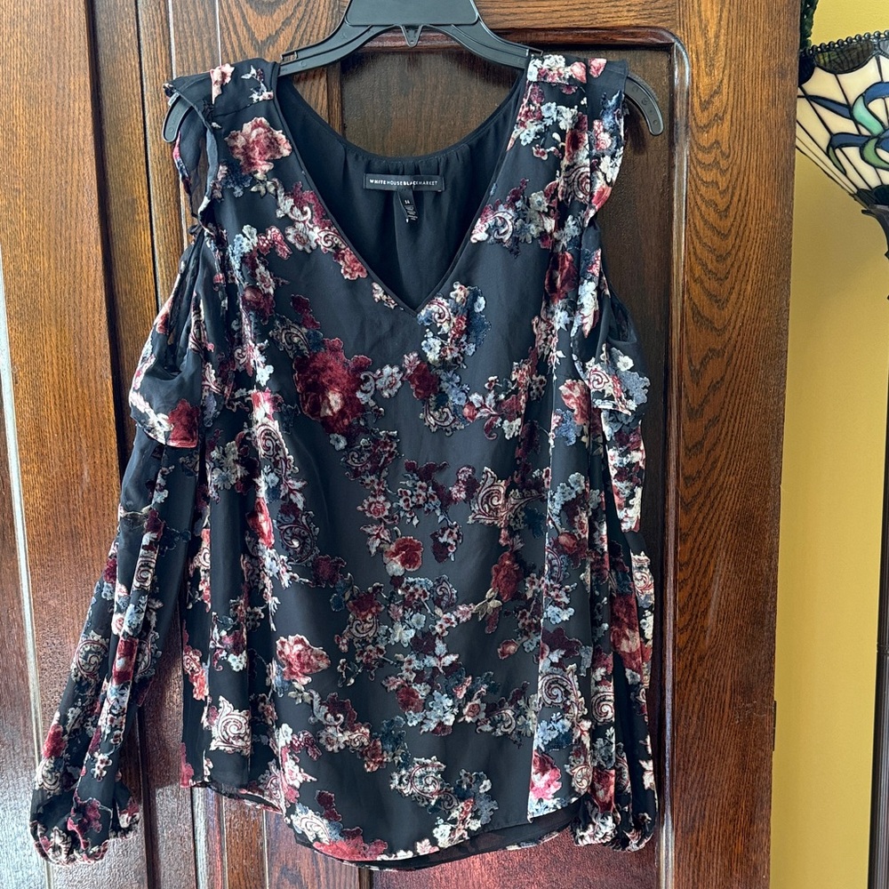 White House Black Market Black & Burgundy Flocked Floral OTS Long-sleeve Top
